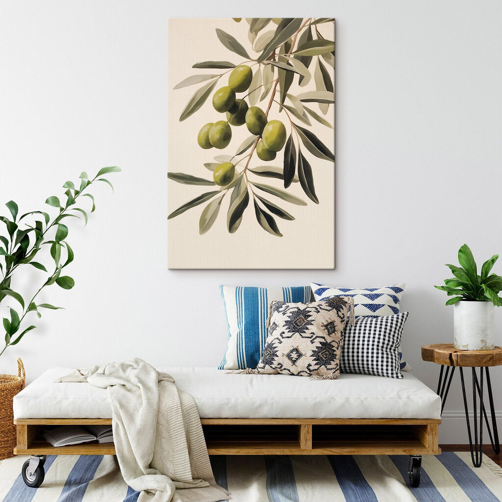 Painting of green olives on a branch
