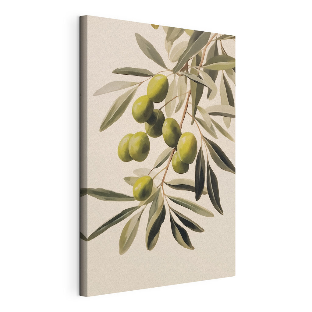 Painting of green olives on a branch
