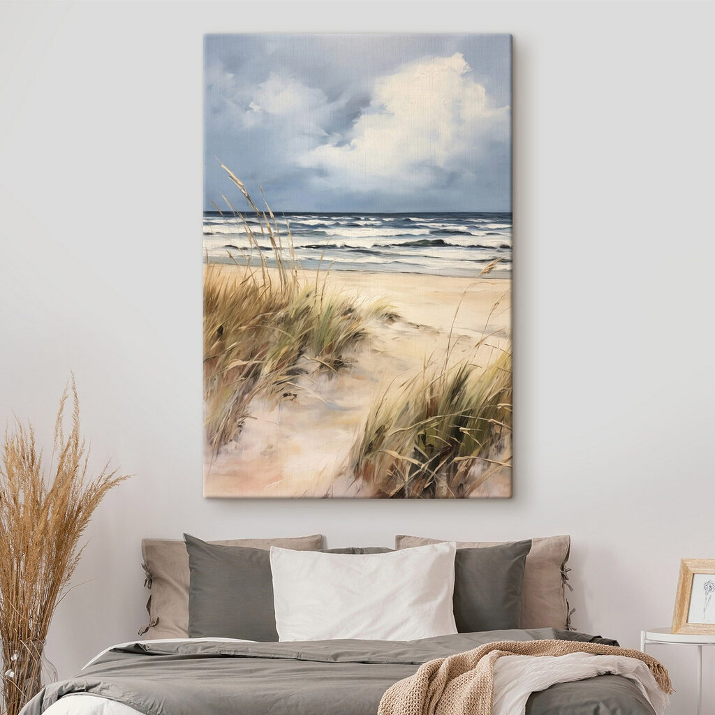 Beach with grass and waves