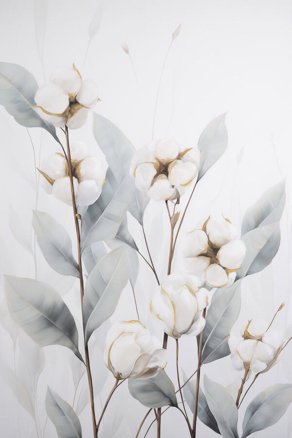 Painting of cotton flowers and leaves