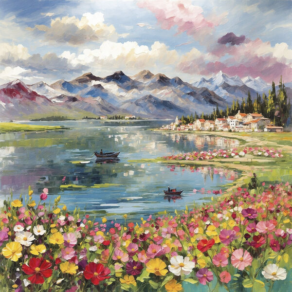Painting of a lake with flowers and mountains in the background