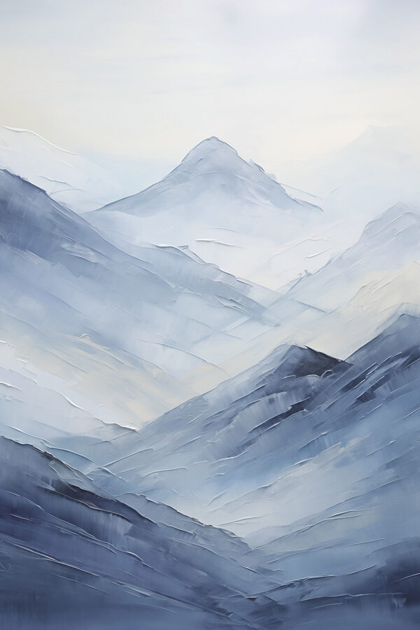 Painting of mountains in fog