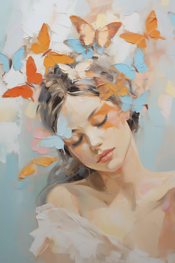 Painting of a woman with butterflies in her hair