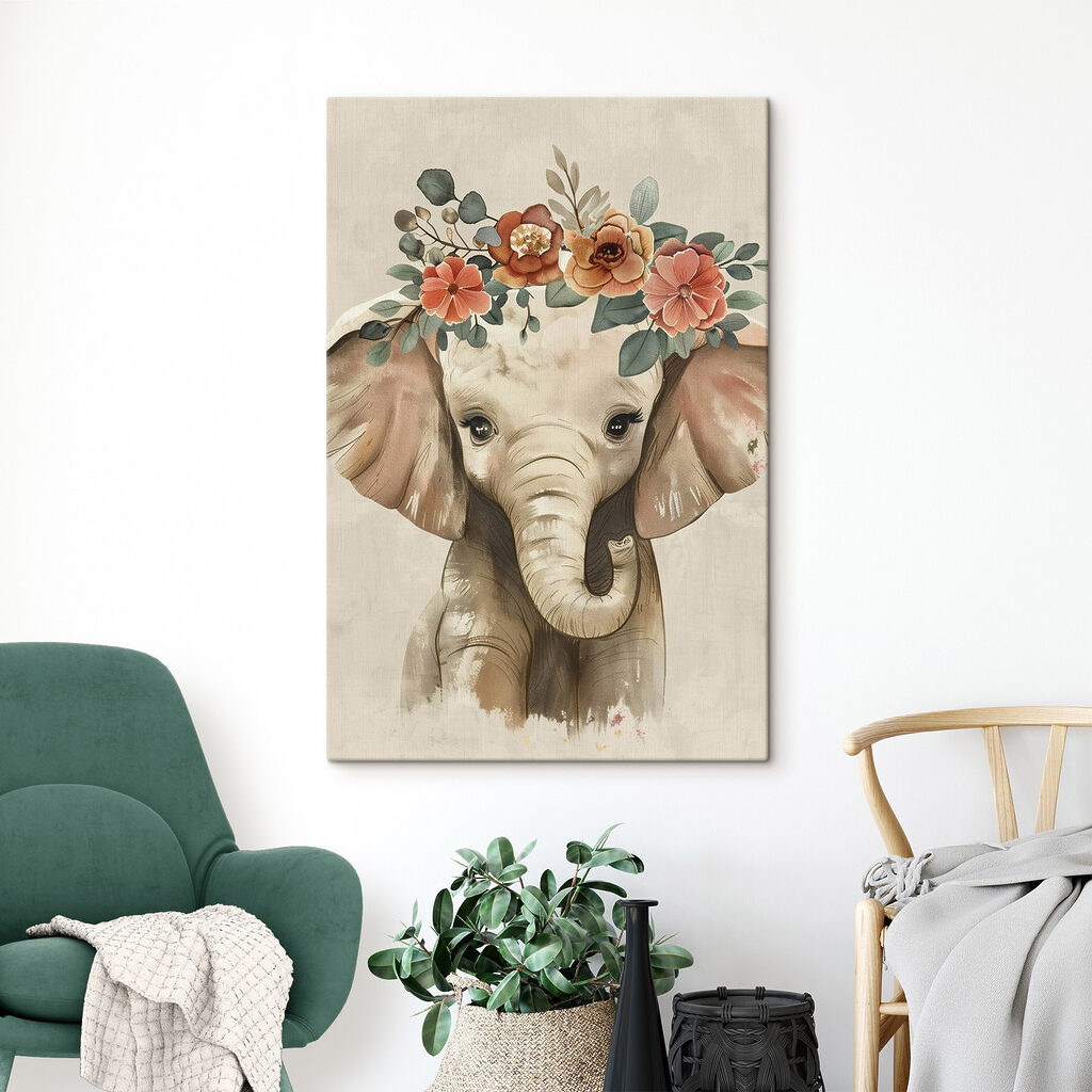 Baby elephant with flowers on its head