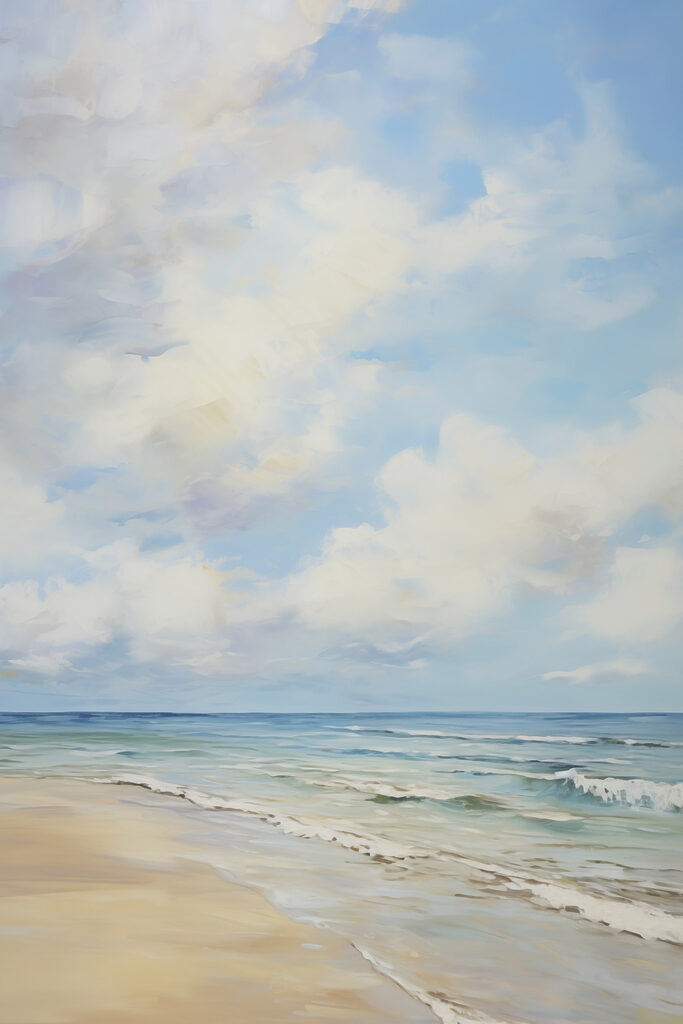 Painting of a beach and ocean