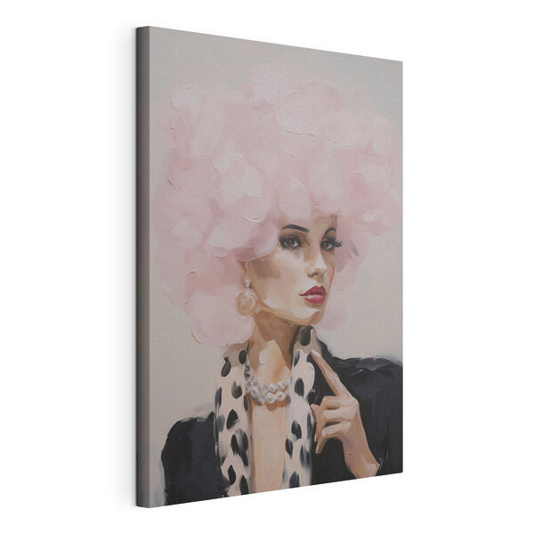 Painting of a woman with a pink fluffy hair