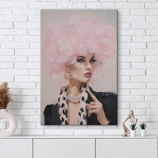 Canvas Schilderijen Canvas Schilderijen Schilderij van een vrouw met roze, pluizig haar (Artikelnummer: s49509)