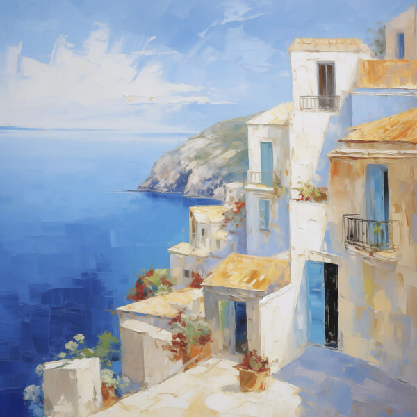 Painting of a white building with a blue sky and water