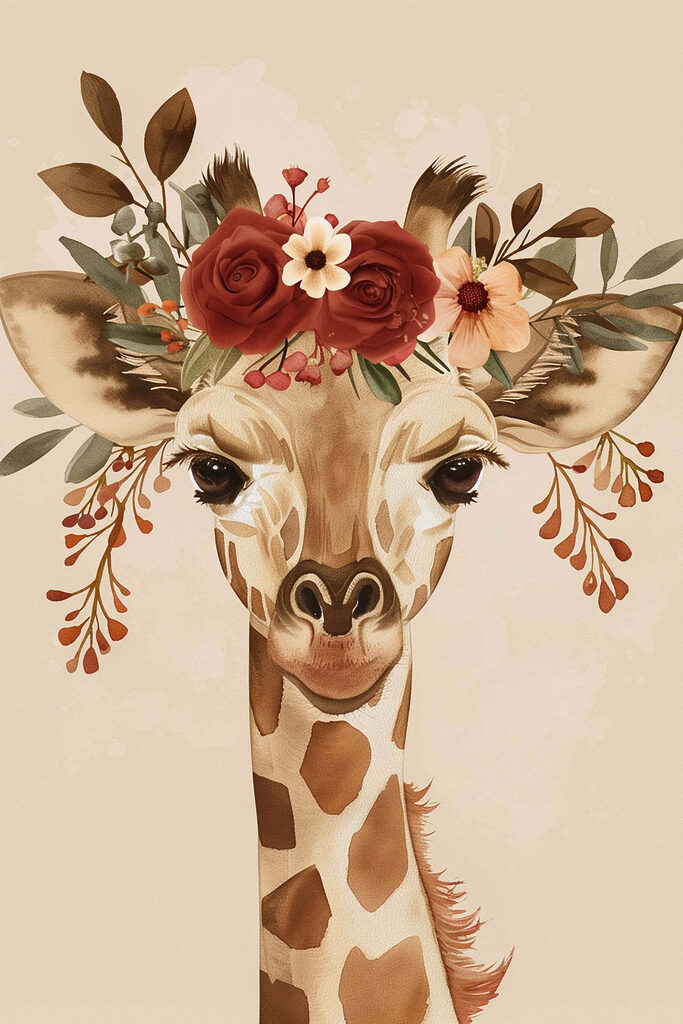 Giraffe with flowers on its head