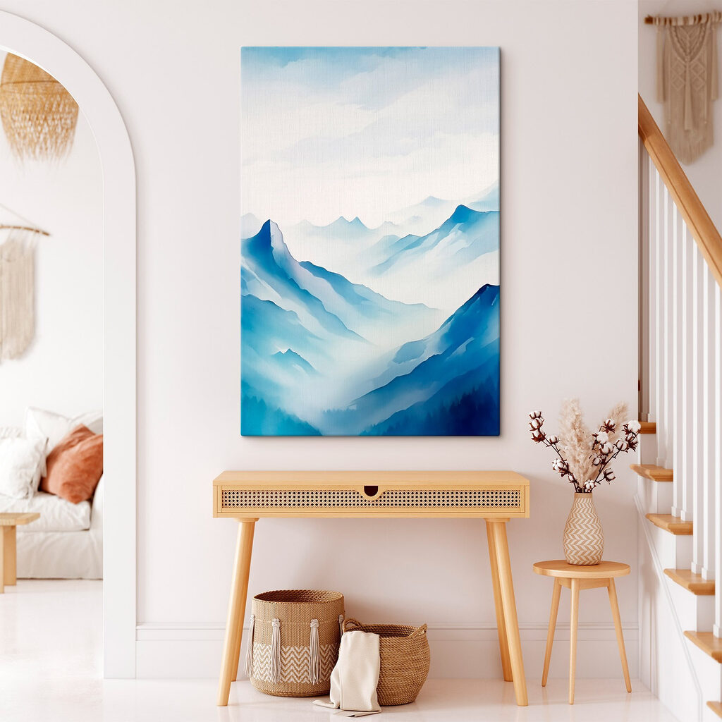 Painting of mountains and fog