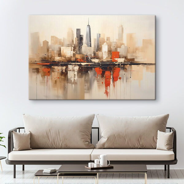 Canvas Schilderijen Schilderij van een stad met de weerspiegeling van een gebouw
