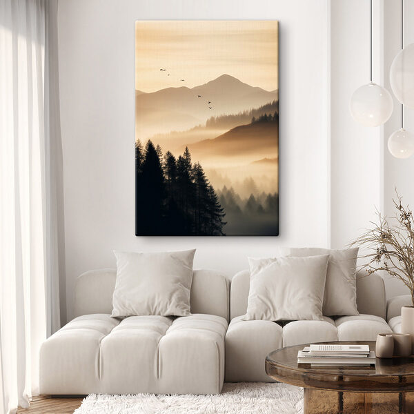 Canvas Schilderijen Canvas Schilderijen Vogels die over een vallei met bergen en bomen vliegen (Artikelnummer: s45563)