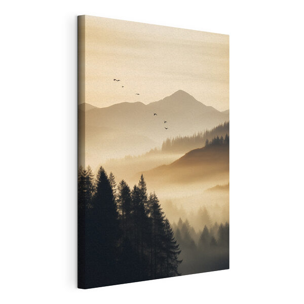 Canvas Schilderijen Vogels die over een vallei met bergen en bomen vliegen