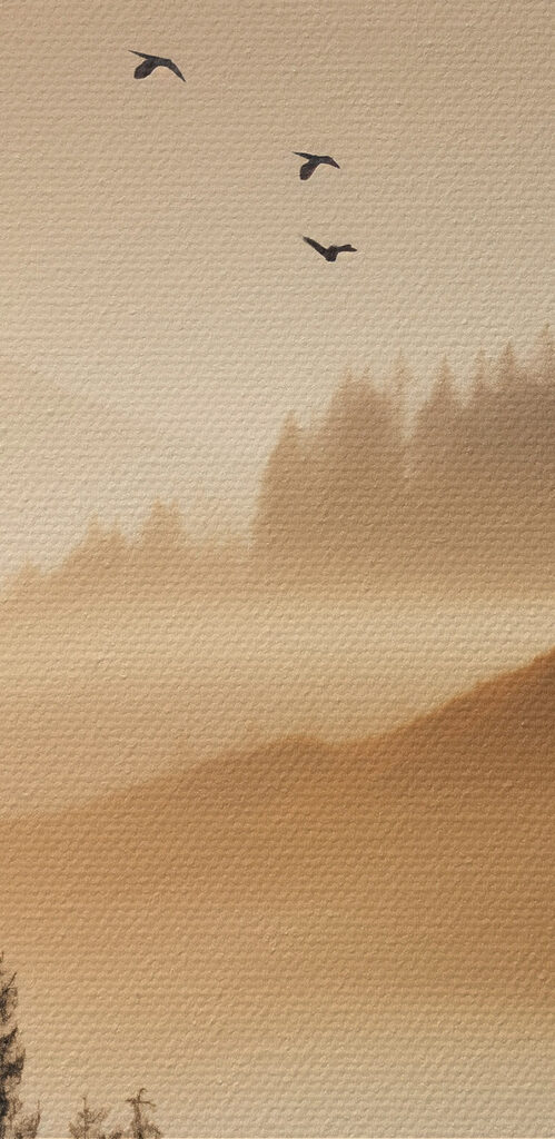 Birds flying over a valley with mountains and trees Birds flying over a valley with mountains and trees