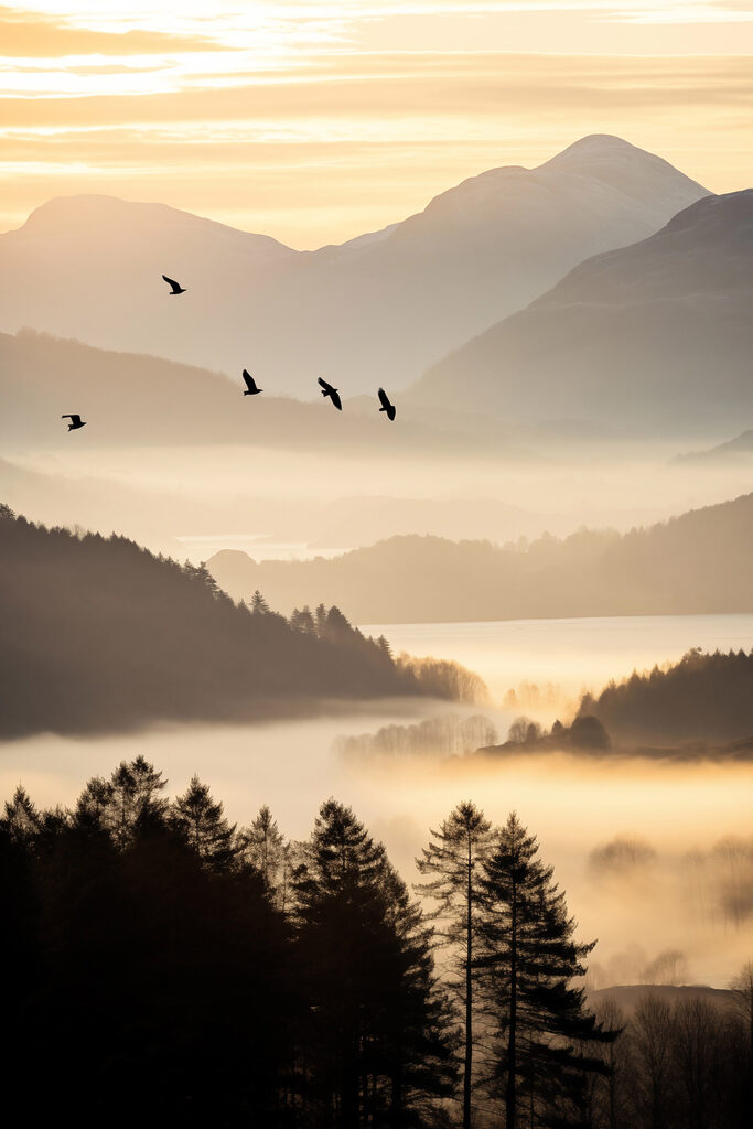 Birds flying over a valley with mountains and fog Birds flying over a valley with mountains and fog