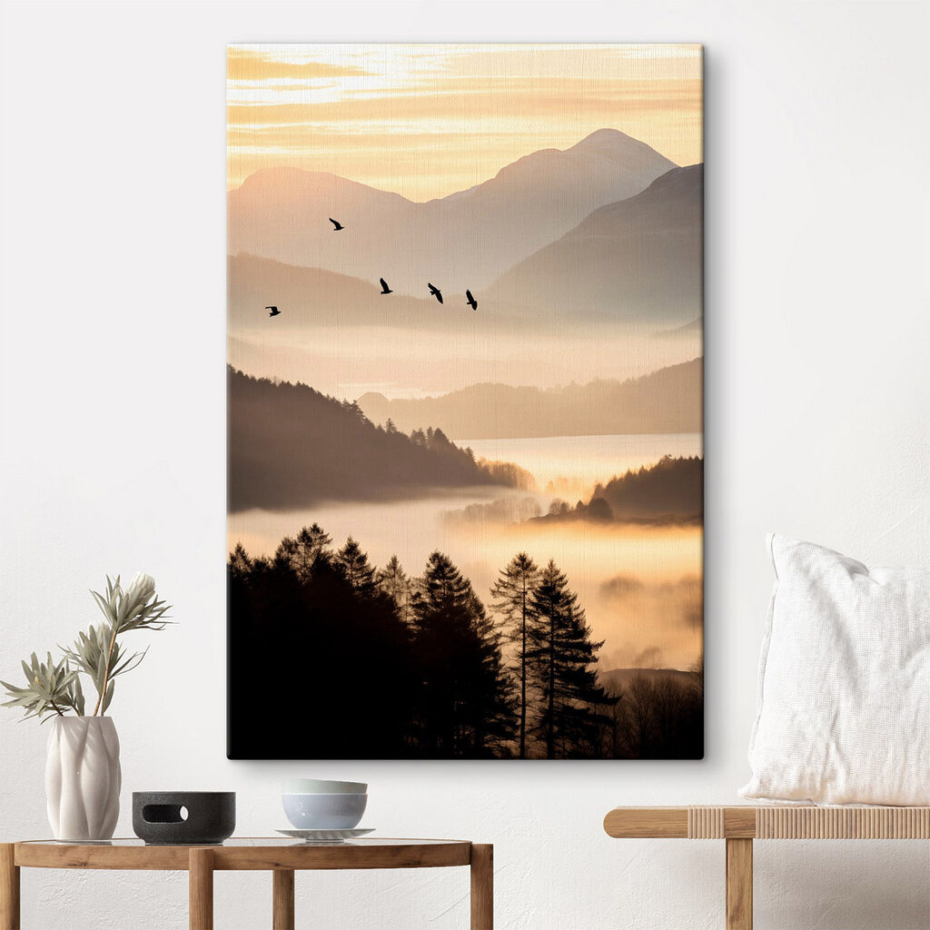 Birds flying over a valley with mountains and fog Birds flying over a valley with mountains and fog