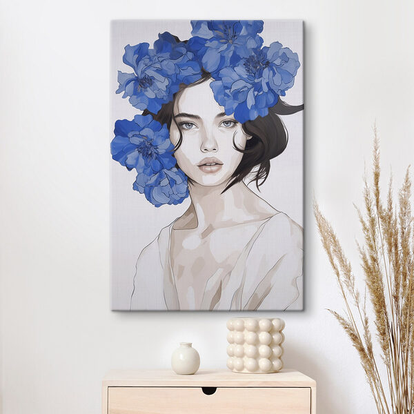 Canvas Schilderijen Canvas Schilderijen Vrouw met blauwe bloemen op haar hoofd (Artikelnummer: s45756)