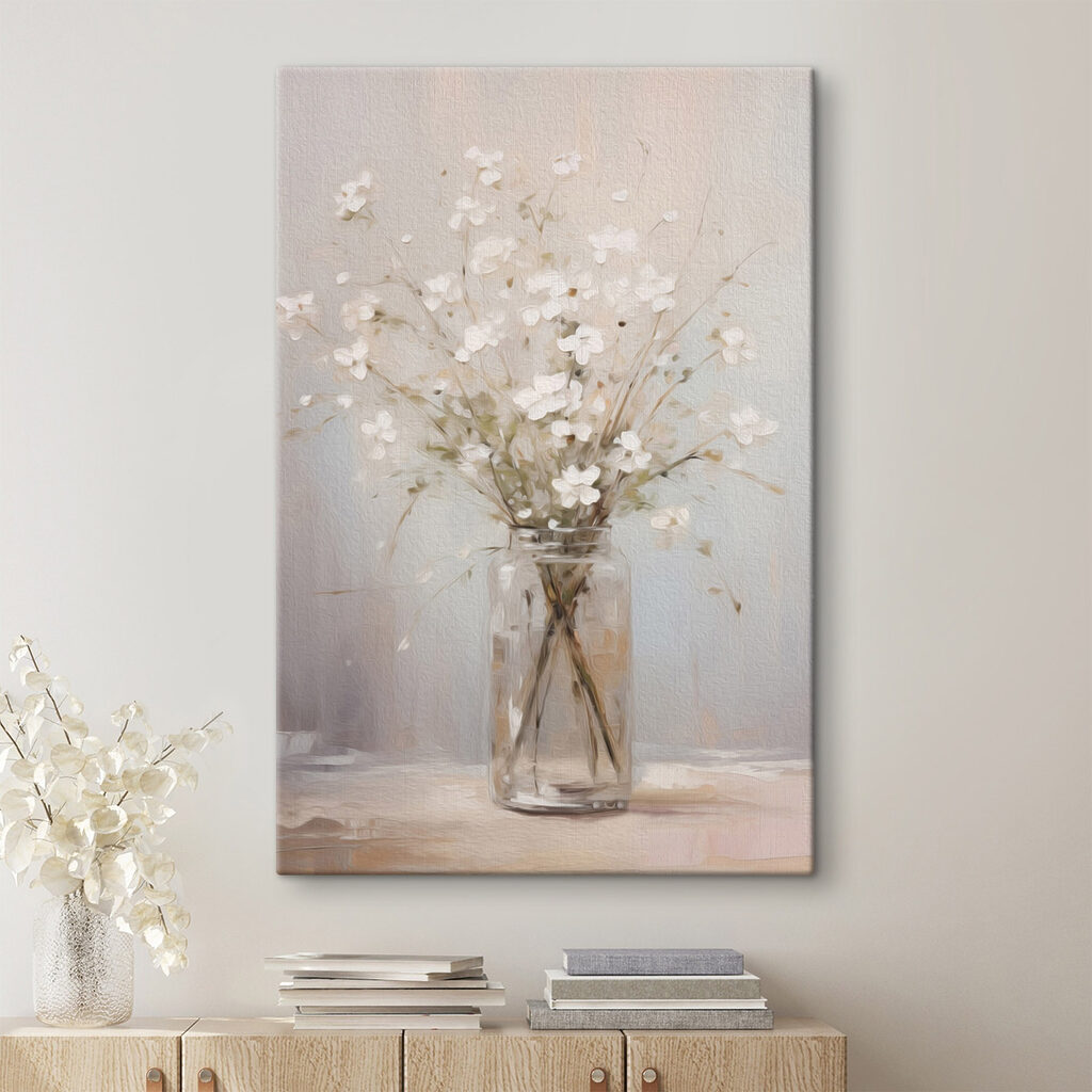 Painting of a vase with white flowers