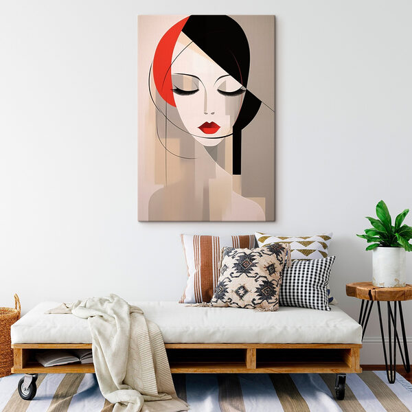Canvas Schilderijen Canvas Schilderijen Het gezicht van een vrouw met rode lippen en zwart haar (Artikelnummer: s45965)