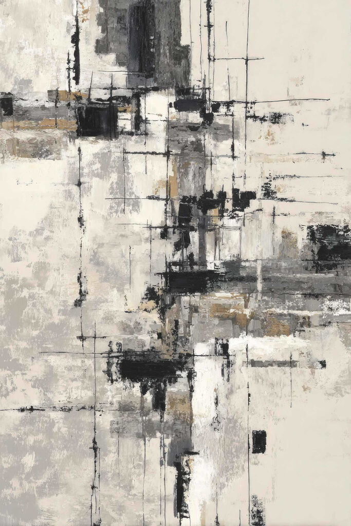 Painting of a white wall with black and white squares