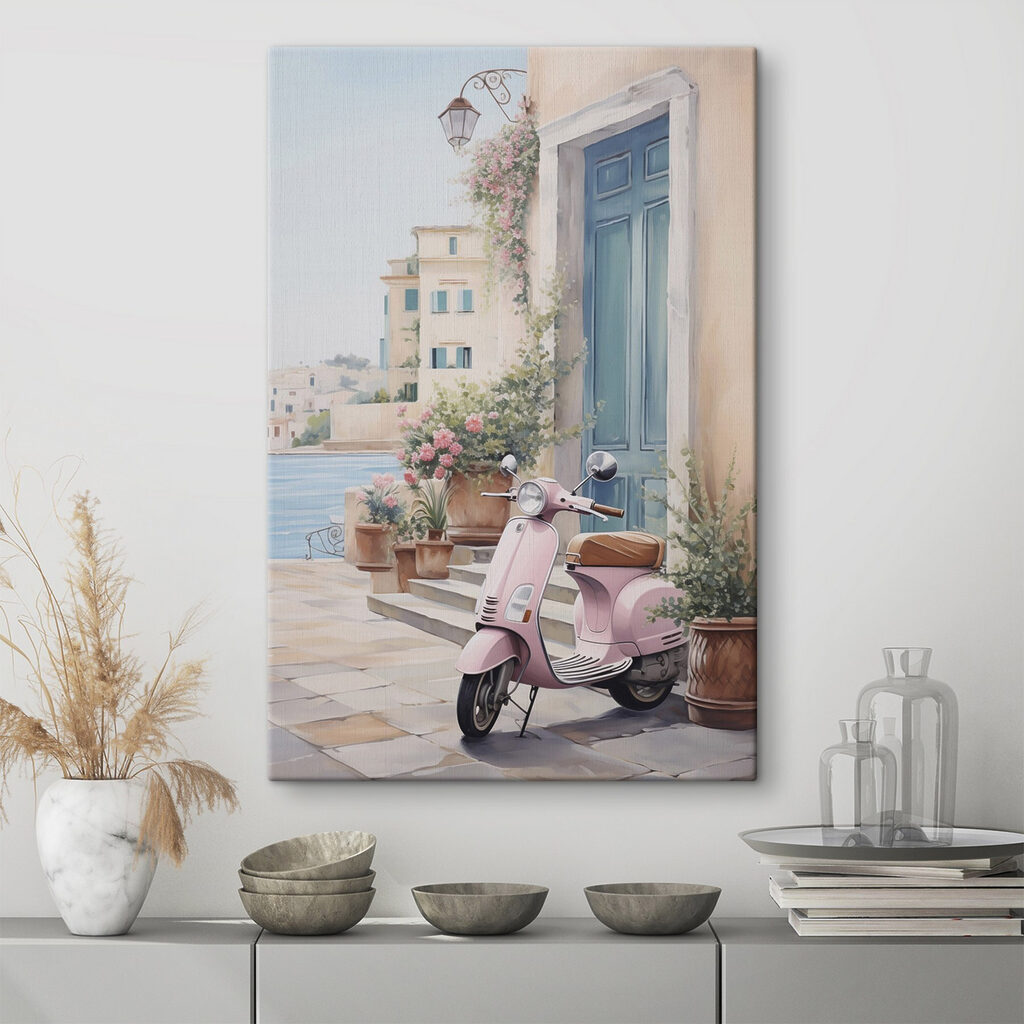 Pink scooter parked on a stone sidewalk next to a door