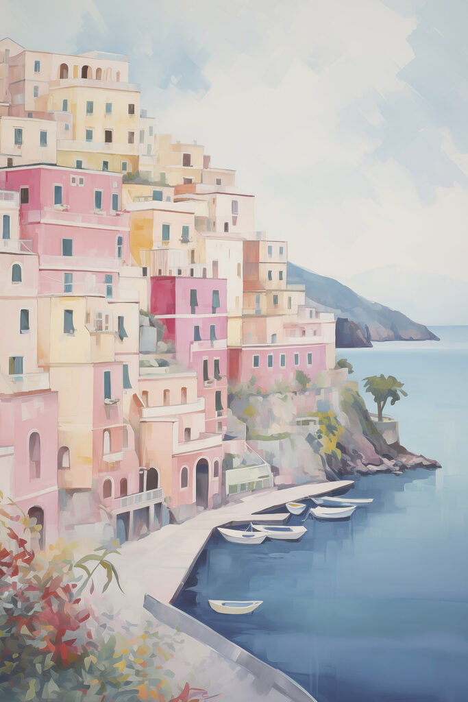 Painting of a colorful building on a hill next to a body of water Painting of a colorful building on a hill next to a body of water