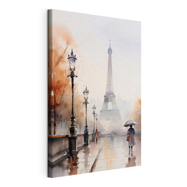 Canvas Schilderijen Canvas Schilderijen Aquarelschilderij van een persoon die een paraplu vasthoudt voor een toren (Artikelnummer: s45930)