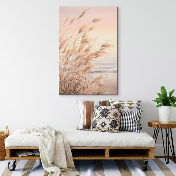 Canvas Schilderijen Zachte grassen aan de oever van een rustig water