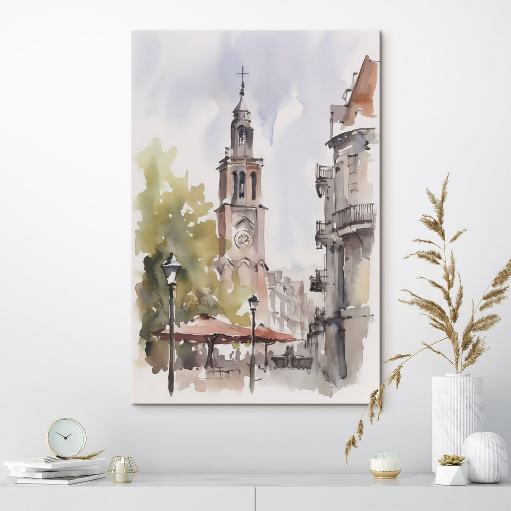 Watercolor of a building with a clock tower Watercolor of a building with a clock tower