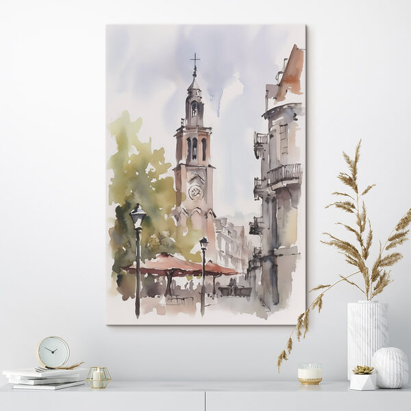 Canvas Schilderijen Canvas Schilderijen Aquarel van een gebouw met een klokkentoren (Artikelnummer: s46121)
