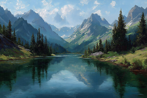 River with trees and mountains in the background