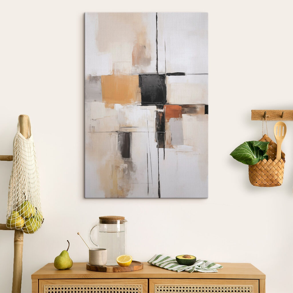 Painting of a white wall with black squares and brown squares