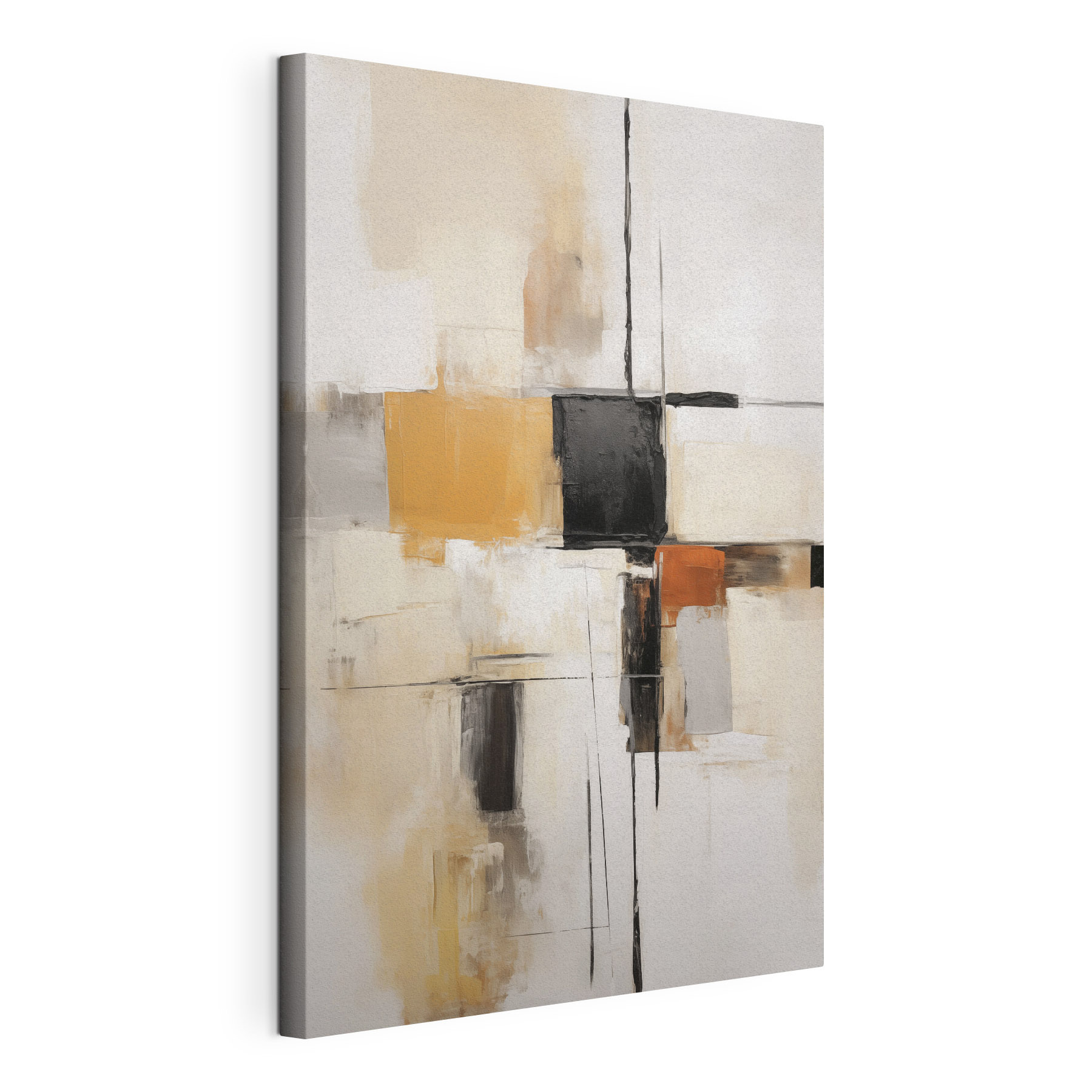Painting of a white wall with black squares and brown squares Painting of a white wall with black squares and brown squares