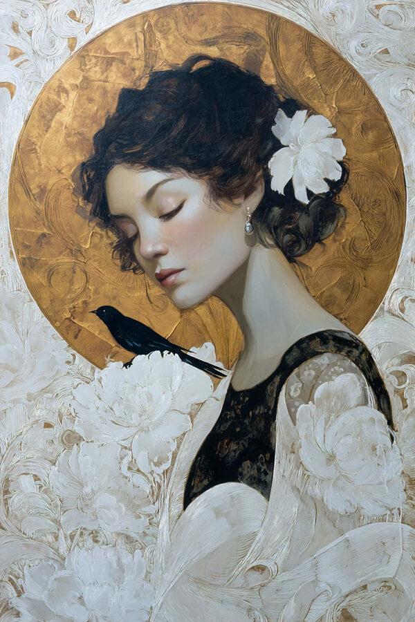 Painting of a woman with a bird on her shoulder Painting of a woman with a bird on her shoulder
