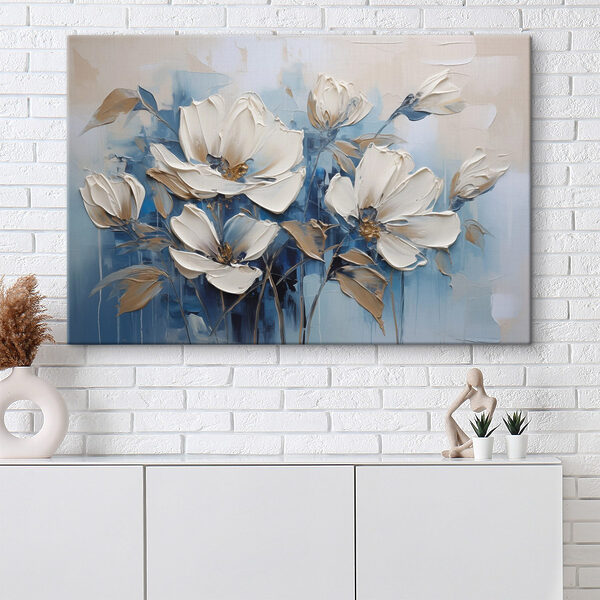 Canvas Schilderijen Schilderij van bloemen op een blauwe achtergrond