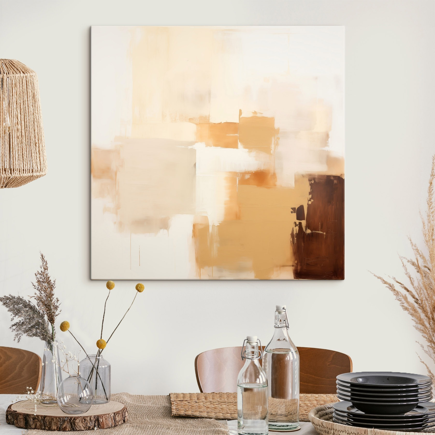 Painting of a white wall with brown squares
