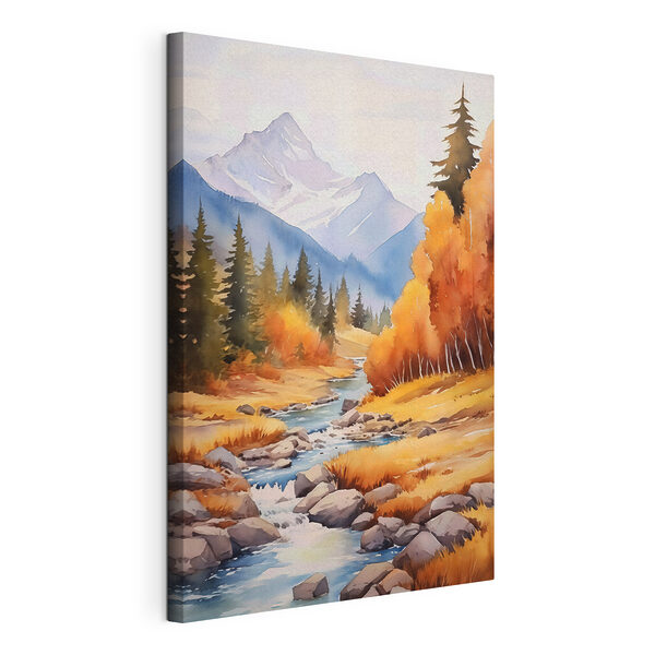 Canvas Schilderijen Canvas Schilderijen Aquarel van een rivier die door een bos stroomt (Artikelnummer: s46187)