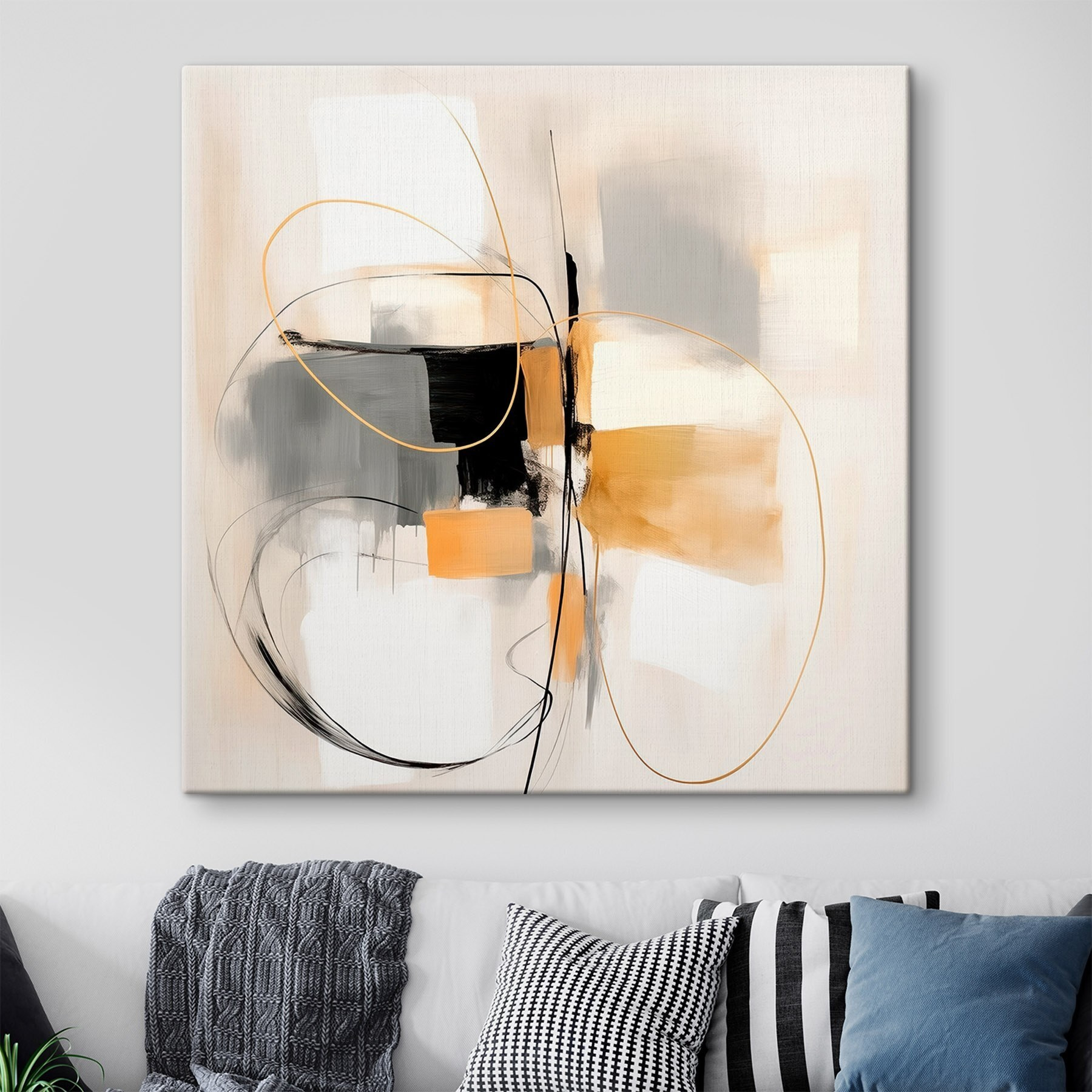 Painting of a white wall with black and yellow circles and lines