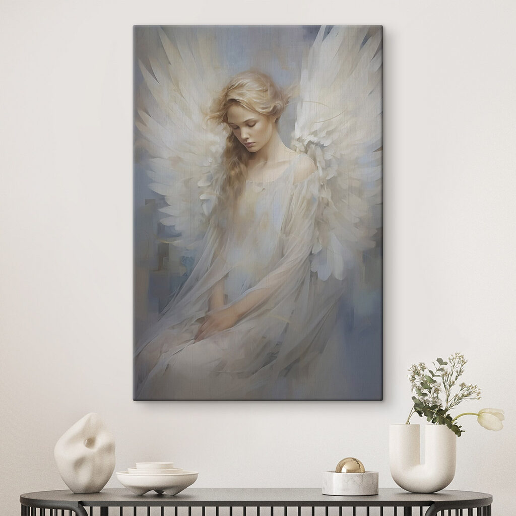 Woman in a white dress with wings