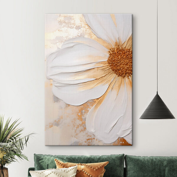 Canvas Schilderijen Grote witte bloem met gouden accenten