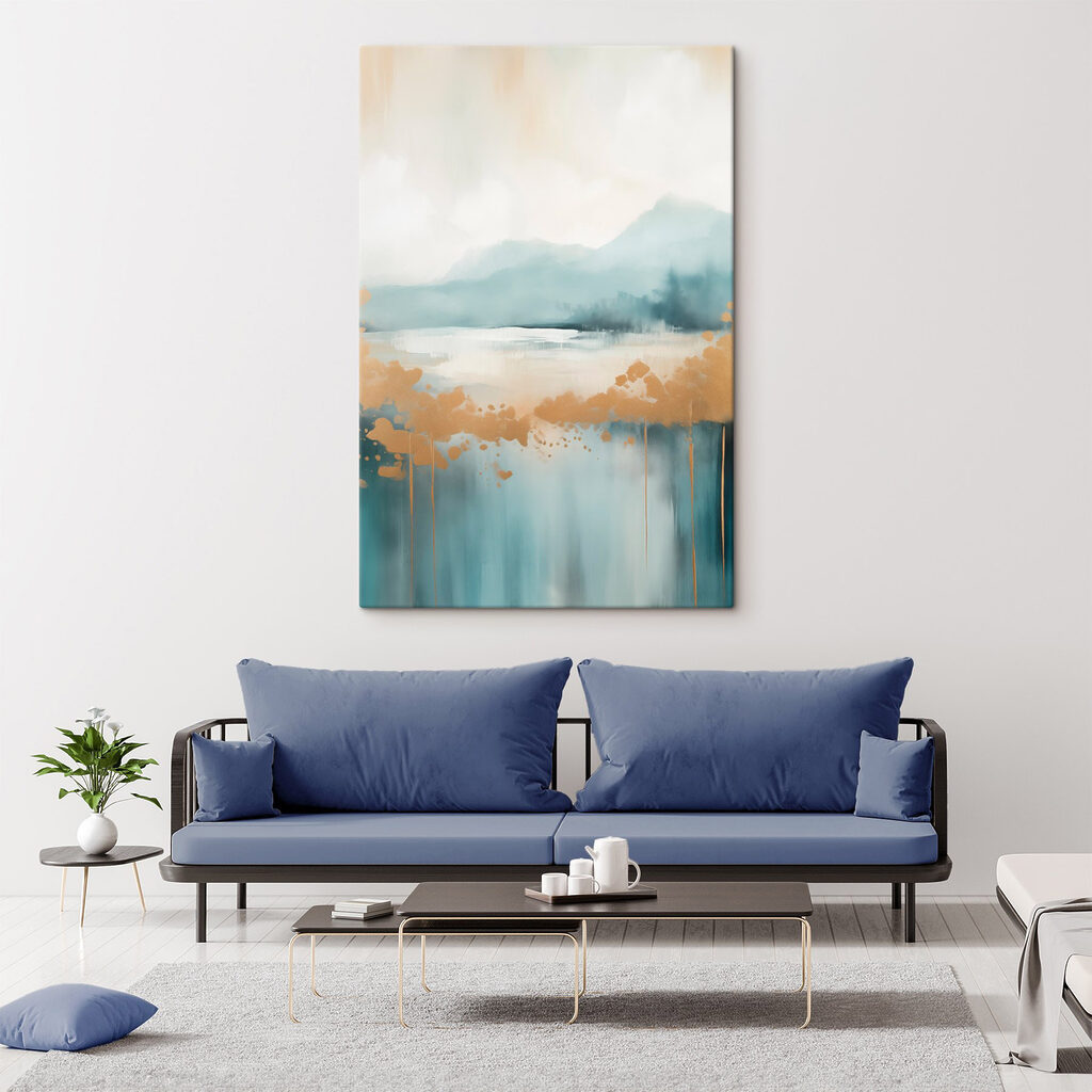 Painting of a lake with mountains in the background