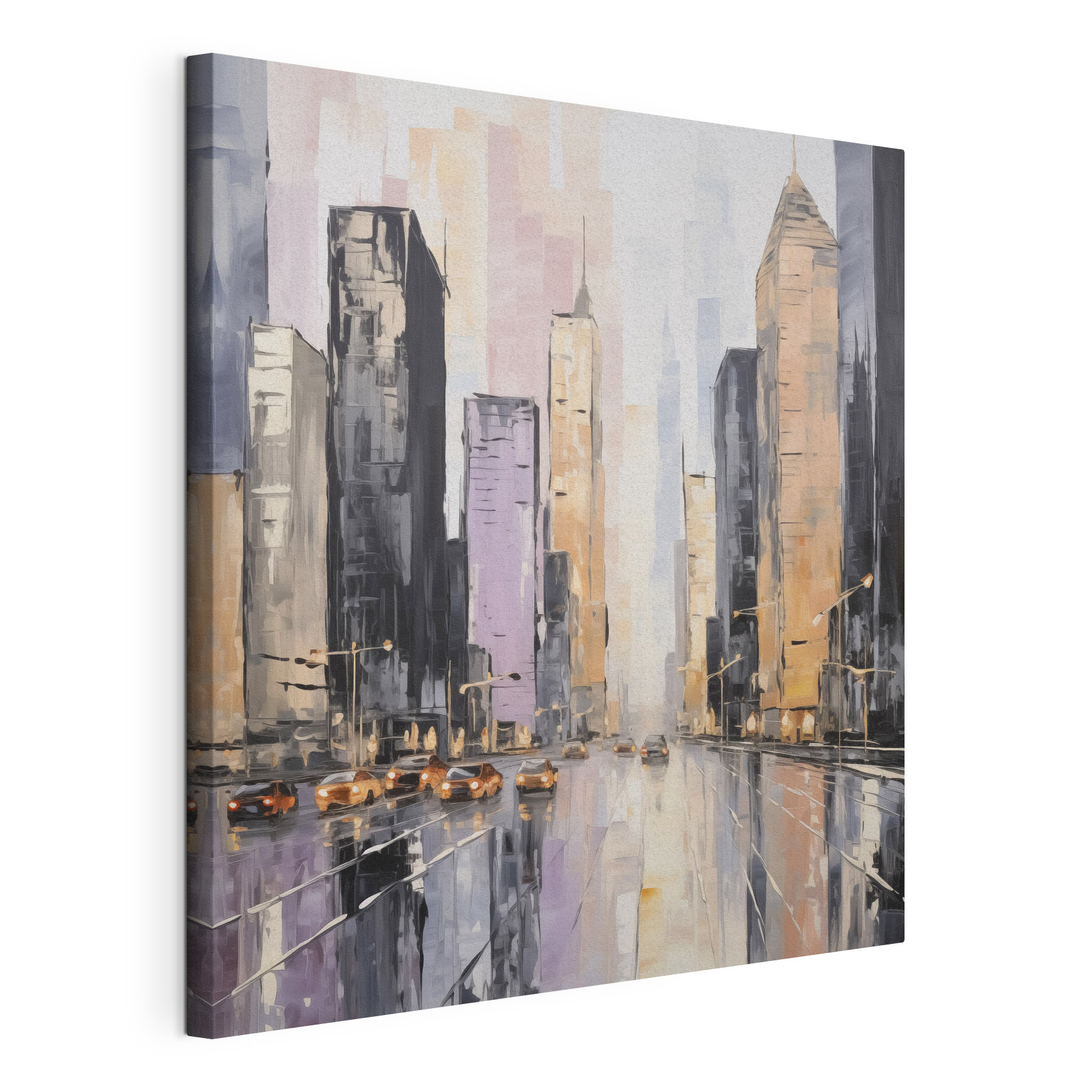 Painting of a city street with cars and buildings Painting of a city street with cars and buildings