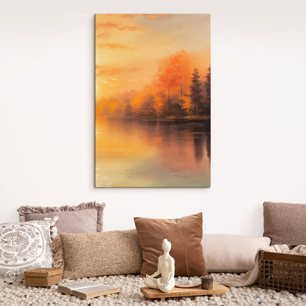 Watercolor painting of trees and a lake