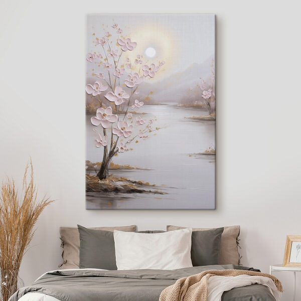 Canvas Schilderijen Schilderij van een boom met roze bloemen