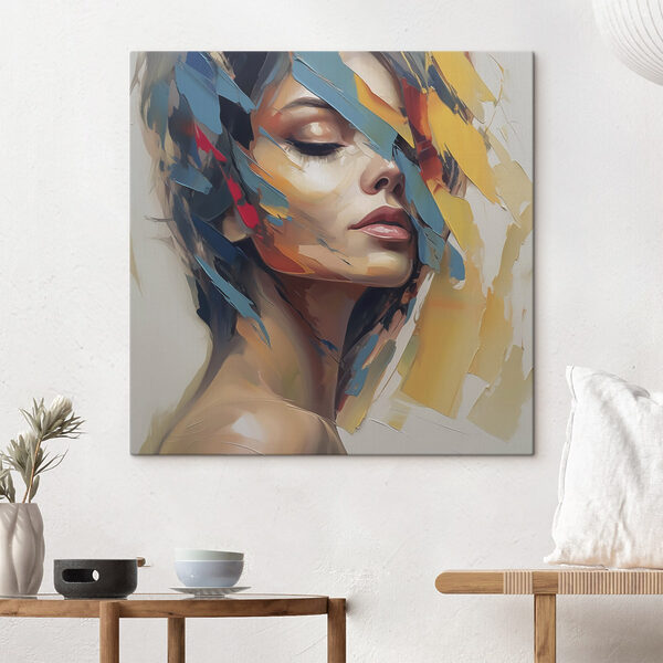 Canvas Schilderijen Canvas Schilderijen Schilderij van een vrouw met kleurrijke verf op haar gezicht (Artikelnummer: s46918)