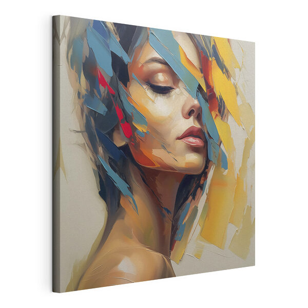 Canvas Schilderijen Schilderij van een vrouw met kleurrijke verf op haar gezicht (Artikelnummer: s46918) Canvas Schilderijen Canvas Schilderijen Schilderij van een vrouw met kleurrijke verf op haar gezicht (Artikelnummer: s46918)