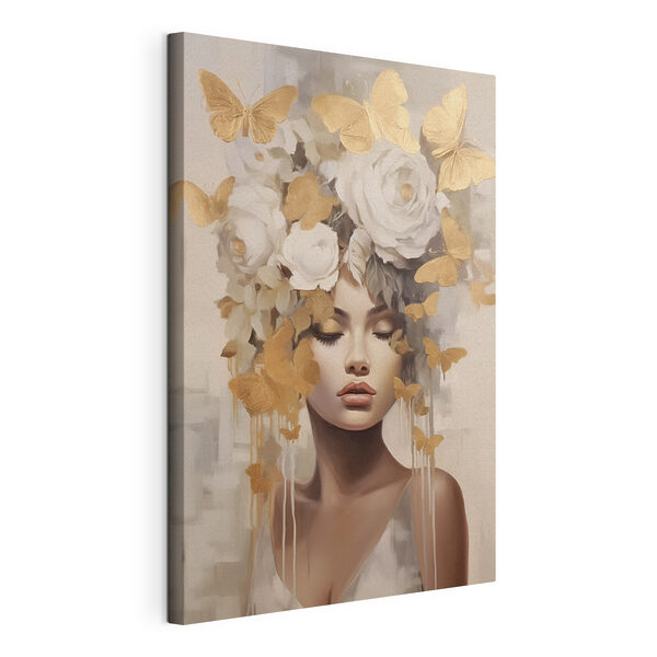 Canvas Schilderijen Schilderij van een vrouw met bloemen en vlinders