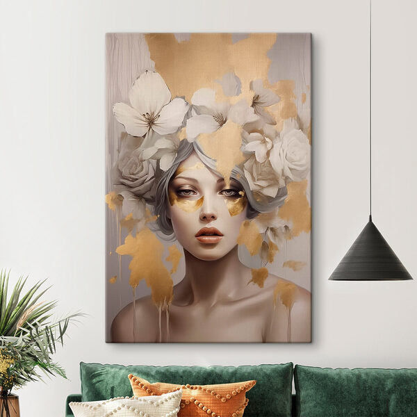 Canvas Schilderijen Schilderij van een vrouw met bloemen in haar haar