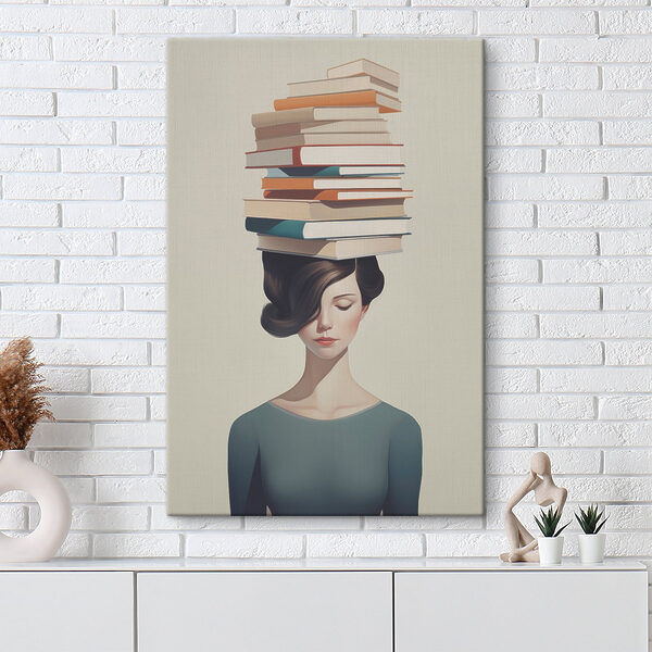 Canvas Schilderijen Canvas Schilderijen Vrouw met een stapel boeken op haar hoofd (Artikelnummer: s47334)