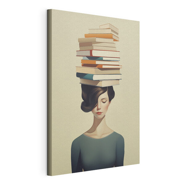 Canvas Schilderijen Canvas Schilderijen Vrouw met een stapel boeken op haar hoofd (Artikelnummer: s47334)